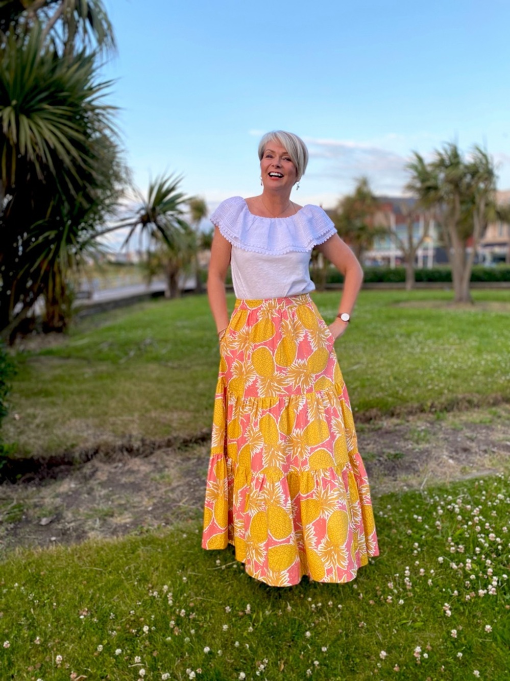 Boden Tiered Maxi Skirt in Yellow & Pink Tropical Print